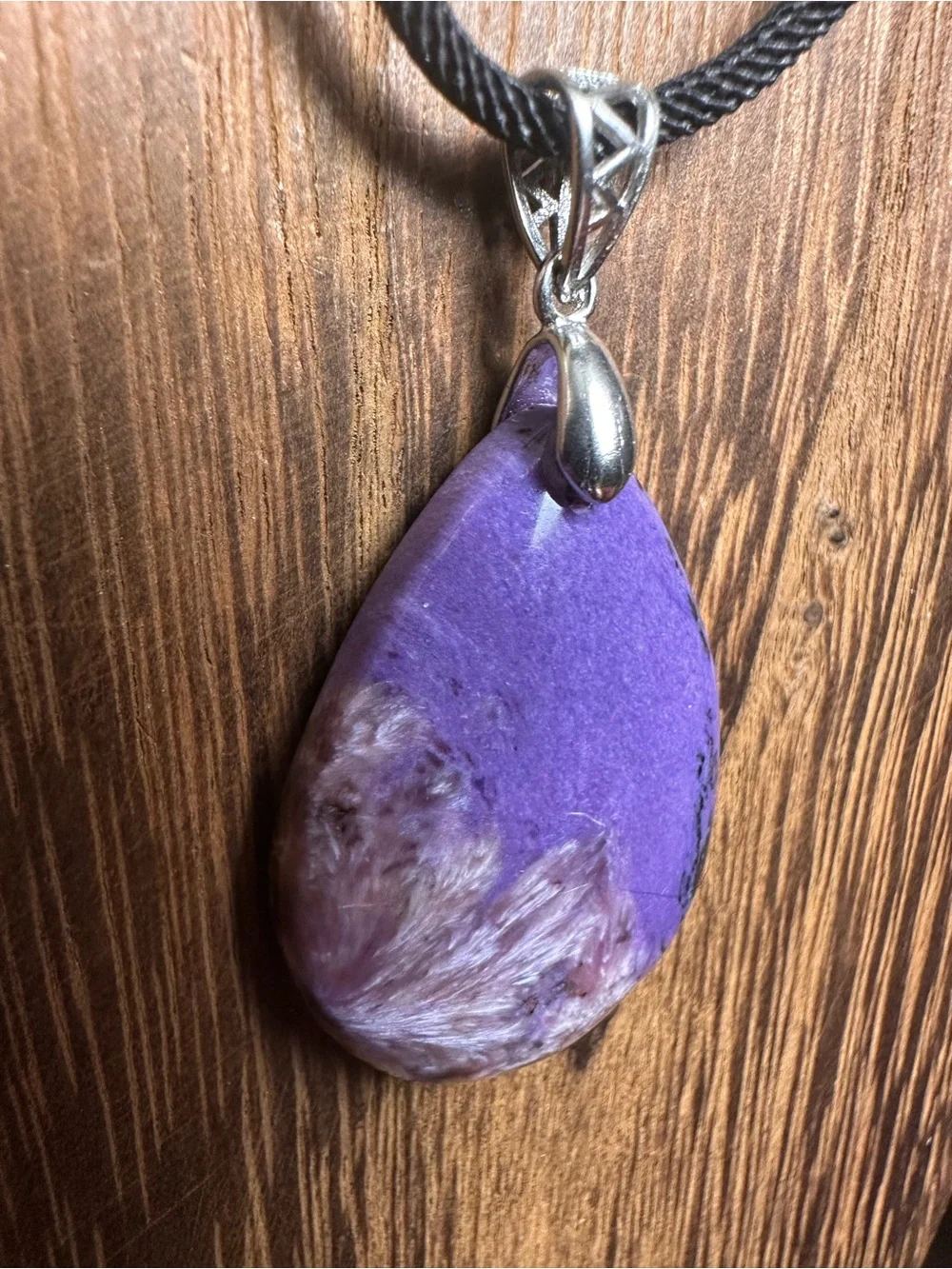 Charoite Teardrop Necklace on Sterling Silver Bail and Black Rope